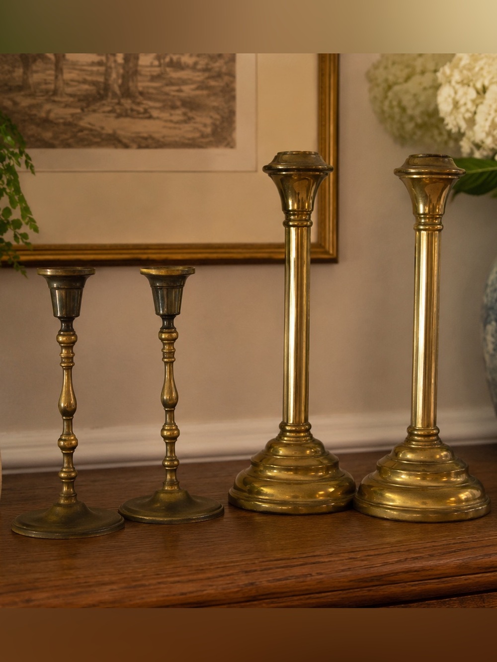 Vintage Brass Candlestick Holder Set – 4 Pieces Hong Kong Brass Decor
